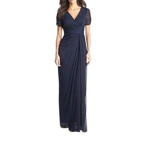Adrianna Papell Navy Ruched Mesh Maxi Formal Evening Gown Dress 10 Wedding guest